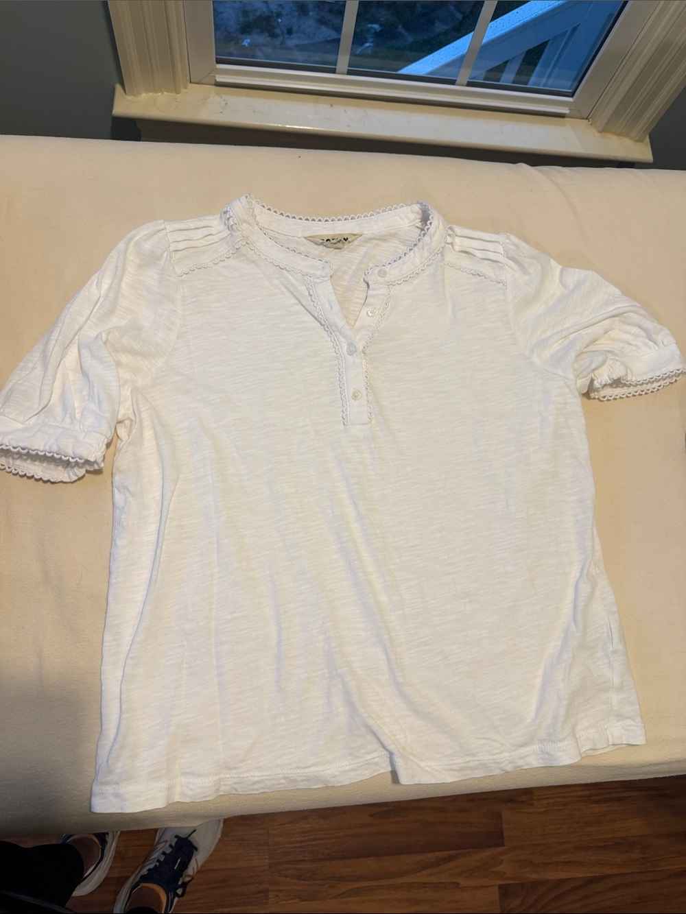 Boden White Short-Sleeve Henley with Crochet Trim